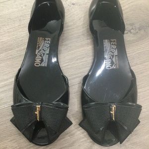 Salvatore Ferragamo Black Jelly Barbados Bow Flats